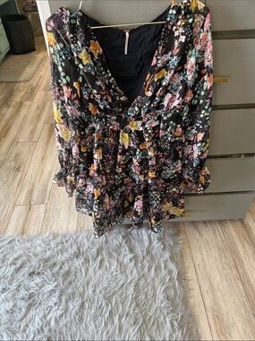 Free People Black Floral V-Neck Mini Dress